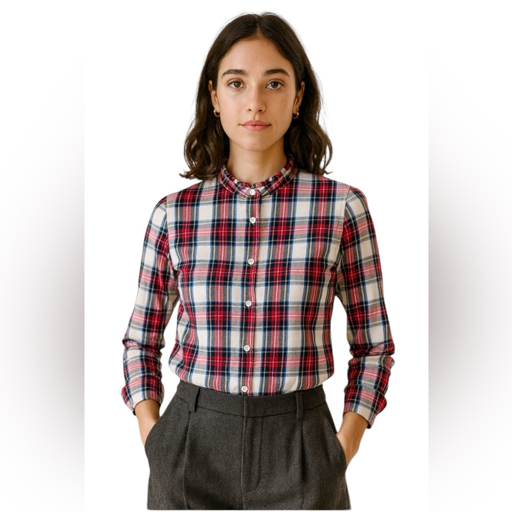 J Crew Top Womens Red Plaid Long Sleeve Button Up Ruffle Collar Casual Size XS